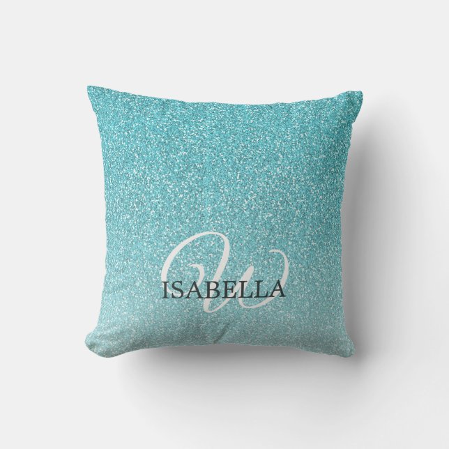 Blue Glitter Ombre Custom Name Monogram Cushion (Front)