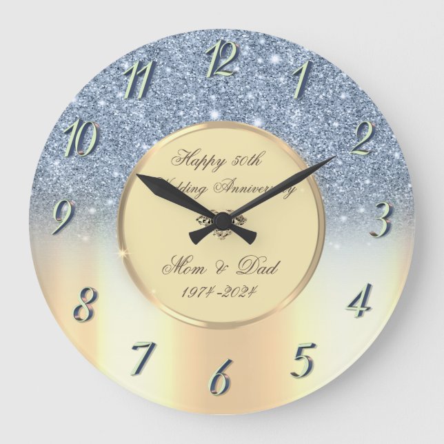 Blue Glitter Ombre Gold 50th Wedding Anniversary Large Clock (Front)