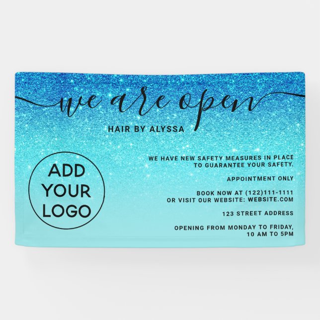 Blue glitter ombre logo blush pink We're open Banner (Horizontal)