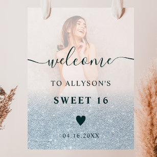 Blue glitter ombre photo Sweet 16 welcome Poster