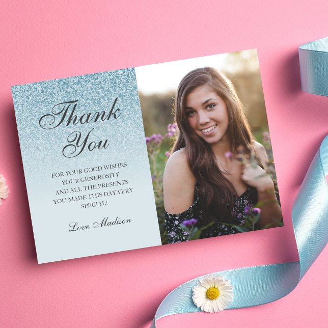 Blue glitter ombre photo thank you Sweet 16 (Blue Glitter Thank You Card)