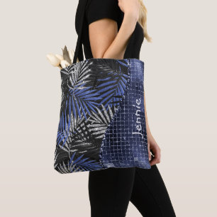 Blue Glitter Palm Leaves Glam Wave Personalised Tote Bag