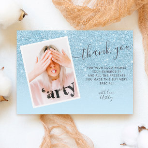 Blue glitter pastel photo thank you Sweet 16 Card