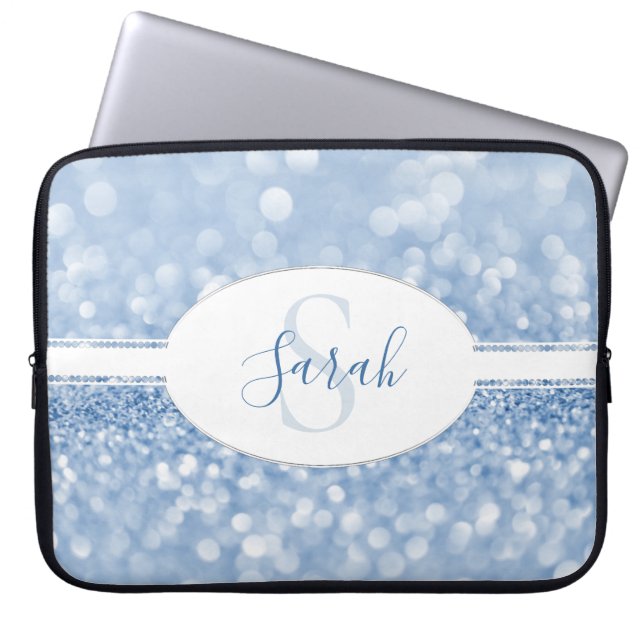 Blue Glitter Personalise Laptop Sleeve (Front)