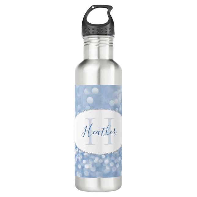 Blue Glitter Personalise Water Bottle (Front)