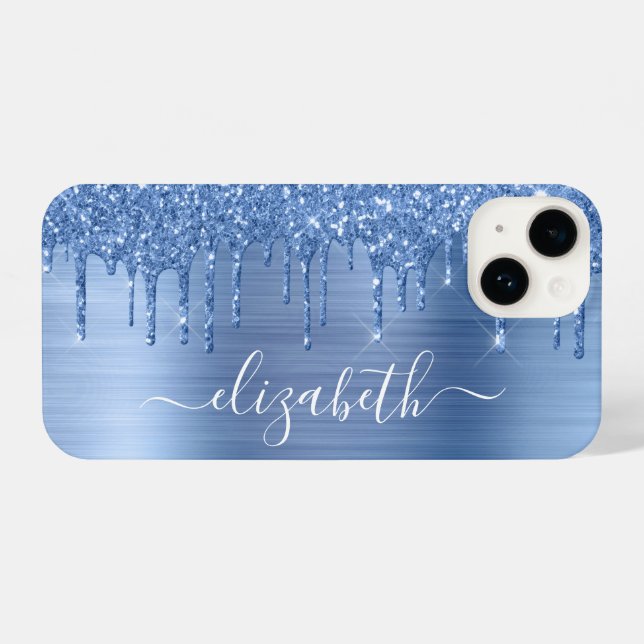 Blue Glitter Personalised iPhone Case (Back Horizontal)