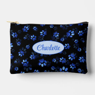Blue Glitter Pet Paw print on black background Accessory Pouch