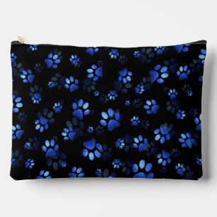 Blue Glitter Pet Paw print on black background Accessory Pouch
