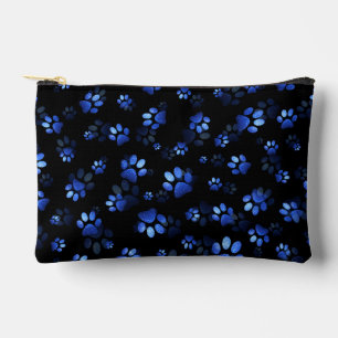 Blue Glitter Pet Paw print on black background Accessory Pouch