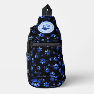 Blue Glitter Pet Paw print on black background Sling Bag