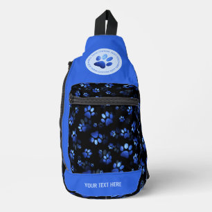 Blue Glitter Pet Paw print on black background Sling Bag