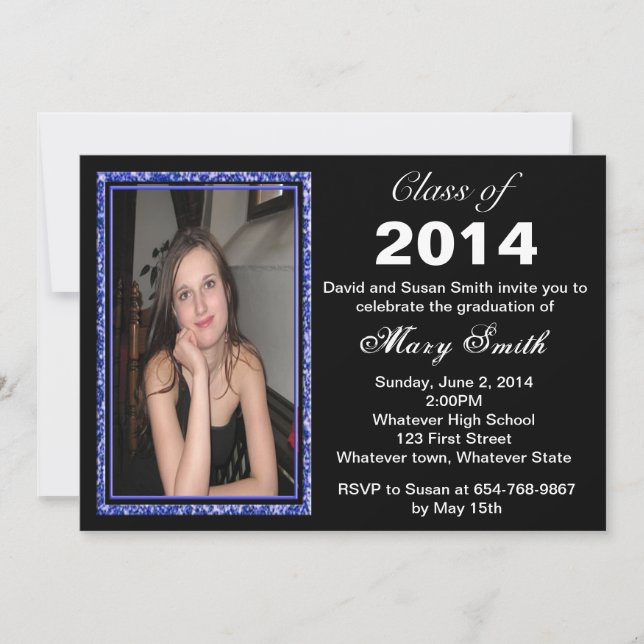Blue Glitter Photo Frame Graduation Invitation (Front)