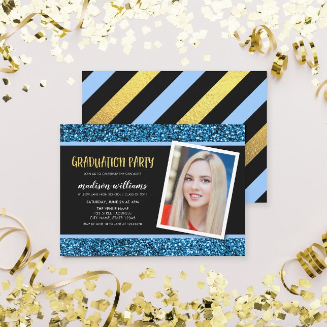 Blue Glitter Photo Graduation Party Invitation (Creator Uploaded)
