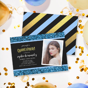 Blue Glitter Photo Quinceanera Invitation