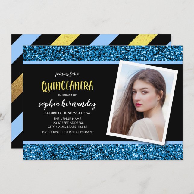 Blue Glitter Photo Quinceanera Invitation (Front/Back)