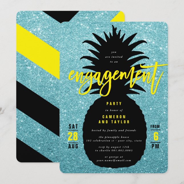 Blue Glitter Pineapple Chic Wedding Shower Invite (Front/Back)
