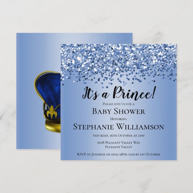 Blue Glitter Prince Baby Shower Invitation (Front/Back)