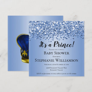 Blue Glitter Prince Baby Shower Invitation