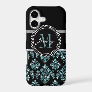Blue Glitter Printed, Black Damask Personalised