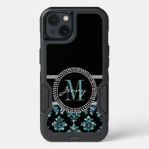 Blue Glitter Printed, Black Damask Personalised