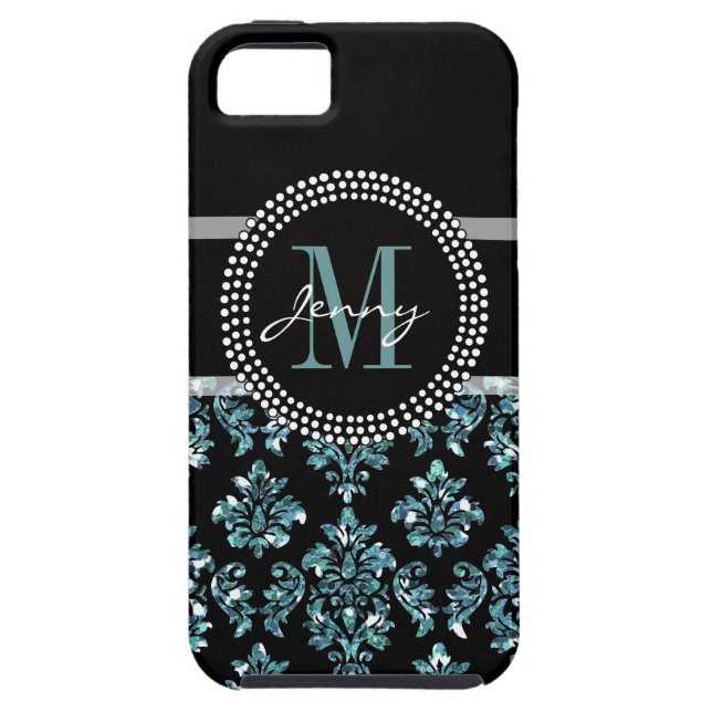 Blue Glitter Printed, Black Damask Personalised Case-Mate iPhone Case (Back)