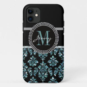 Blue Glitter Printed, Black Damask Personalised iPhone 11 Case