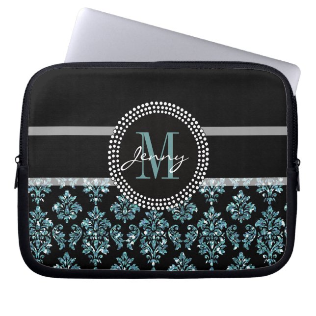 Blue Glitter Printed, Black Damask Personalised Laptop Sleeve (Front)