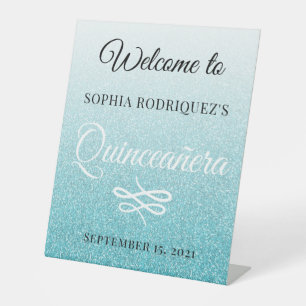 Blue Glitter Quinceañera 15th Birthday Welcome Pedestal Sign