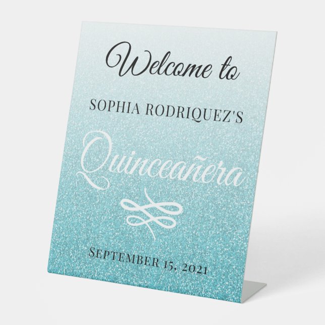 Blue Glitter Quinceañera 15th Birthday Welcome Pedestal Sign (Front)