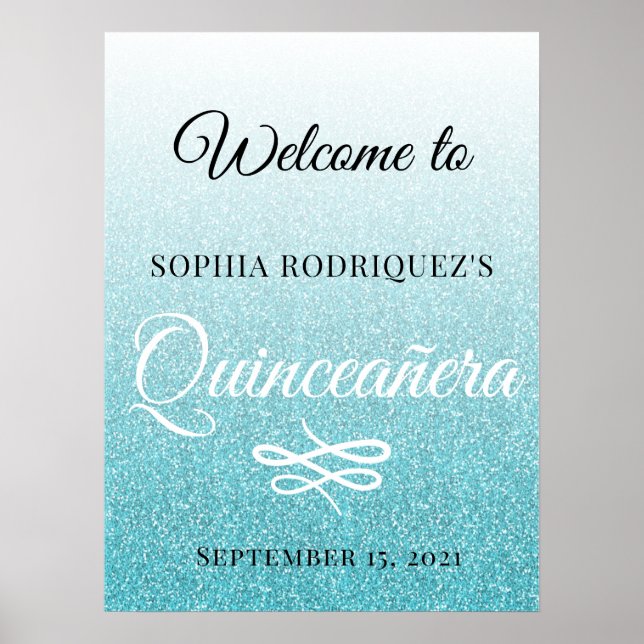 Blue Glitter Quinceañera 15th Birthday Welcome Poster (Front)
