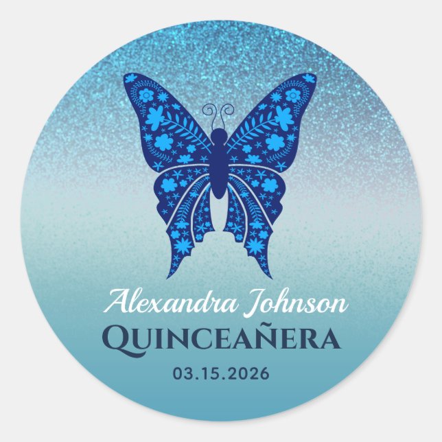 Blue Glitter Quinceañera Butterfly Classic Round Sticker (Front)
