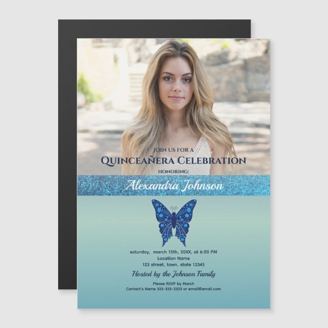 Blue Glitter Quinceañera Photo Magnetic Invitation (Front/Back)