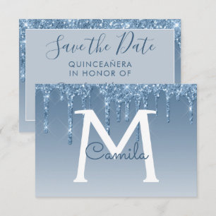 Blue Glitter Quinceanera Save the Date Invitation