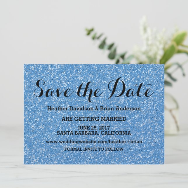 Blue Glitter Save the Date Invite (Standing Front)