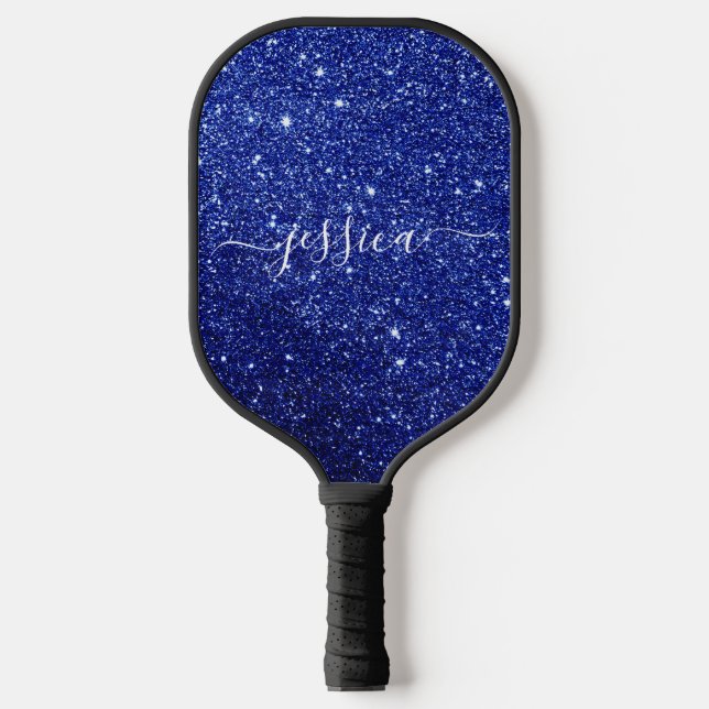 Blue glitter script name pickleball paddle (Front)