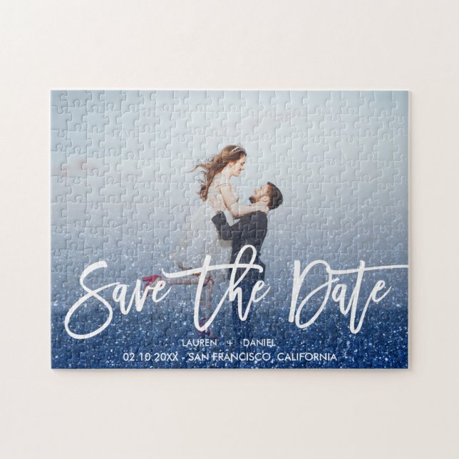 Blue Glitter Script photo wedding save the date Jigsaw Puzzle (Horizontal)