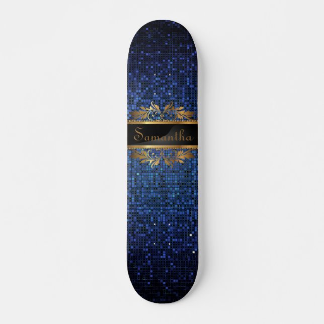 Blue Glitter Sequin Disco Old School Skateboard (Front)