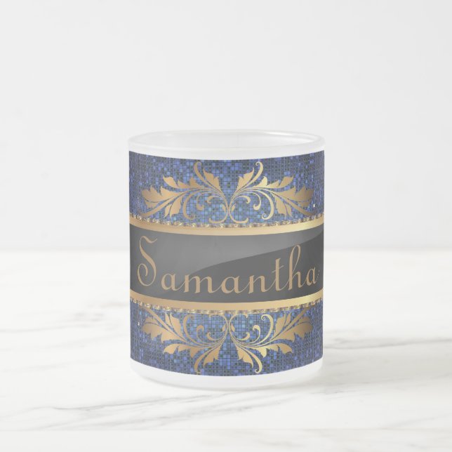 Blue Glitter Sequin Frosted Glass Coffee Mug Cup (Center)