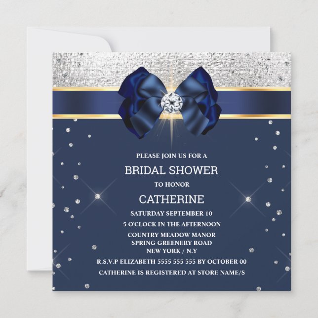 Blue glitter silver gold ribbon bow sparkle glam invitation (Front)
