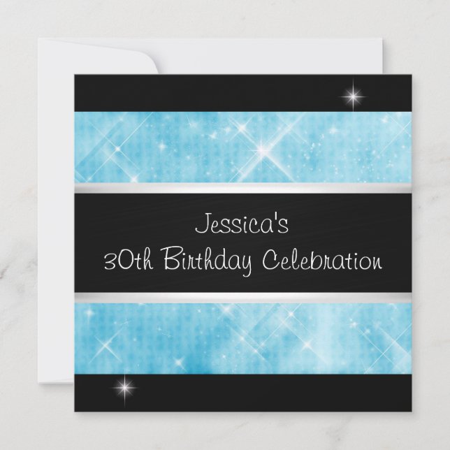 Blue Glitter Silver Lights Black 30th Birthday Invitation (Front)