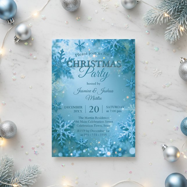 Blue Glitter Snowflake Winter Christmas Party Invitation (Creator Uploaded)