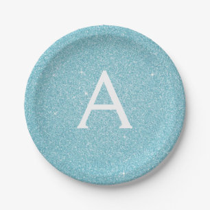Blue Glitter & Sparkle Monogram Birthday Paper Plate