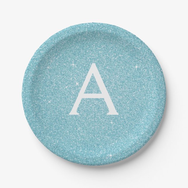 Blue Glitter & Sparkle Monogram Birthday Paper Plate (Front)