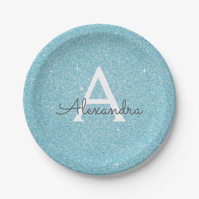 Blue Glitter & Sparkle Monogram Birthday Paper Plate (Front)
