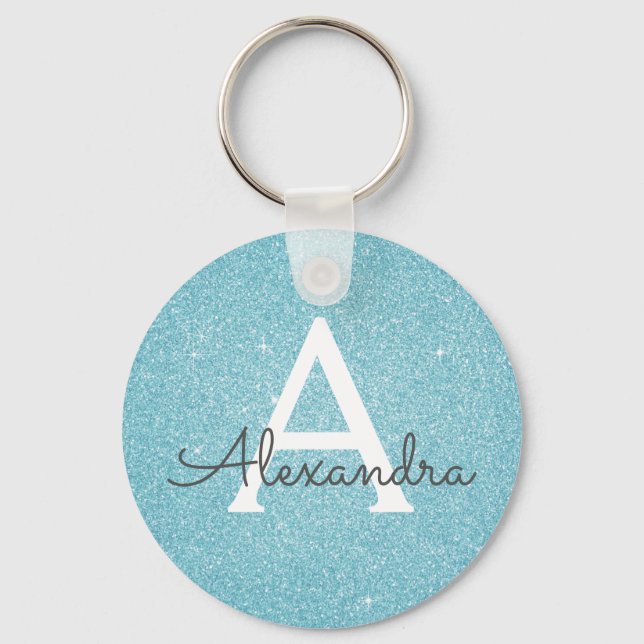Blue Glitter & Sparkle Monogram Key Ring (Front)