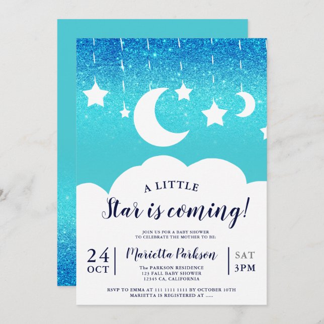 Blue glitter star moon cloud baby shower invitation (Front/Back)