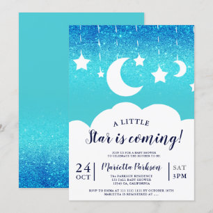 Blue glitter star moon cloud baby shower invitation