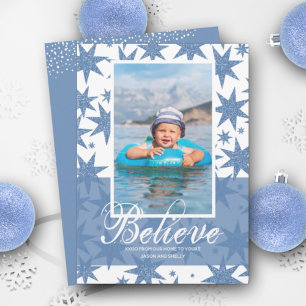 Blue Glitter Stars Christmas Photo Holiday Card