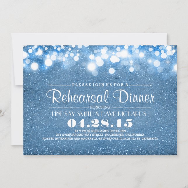 blue glitter & string lights rehearsal dinner invitation (Front)