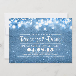 blue glitter & string lights rehearsal dinner invitation